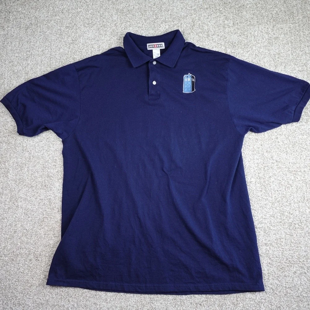 Jerzees Doctor Who TARDIS Navy Blue Polo Shirt Mens XL SpotShield‎ Embroidered
